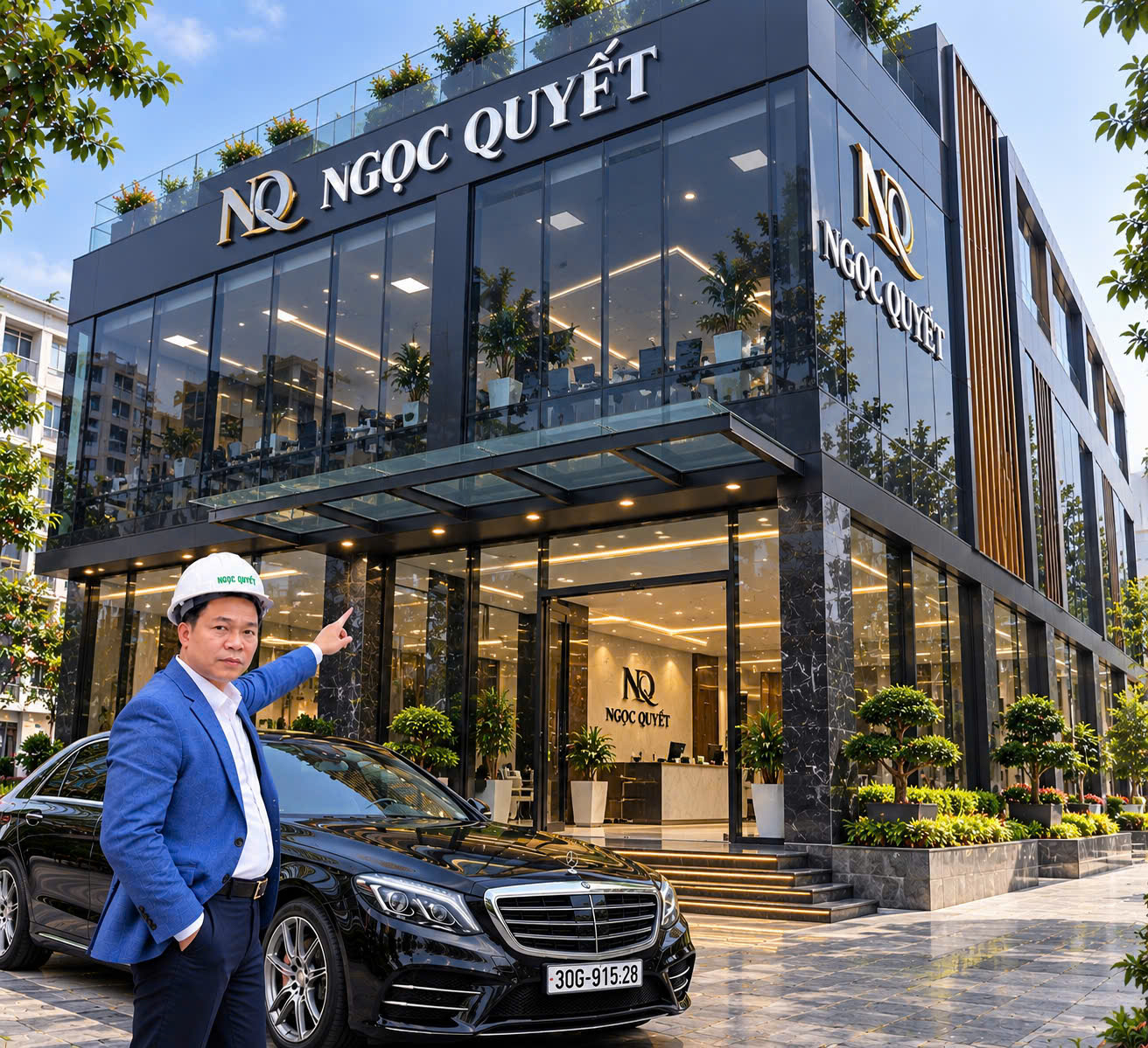 Tòa nhà kính Ngọc Quyết với xe Mercedes-Benz màu đen đỗ phía trước